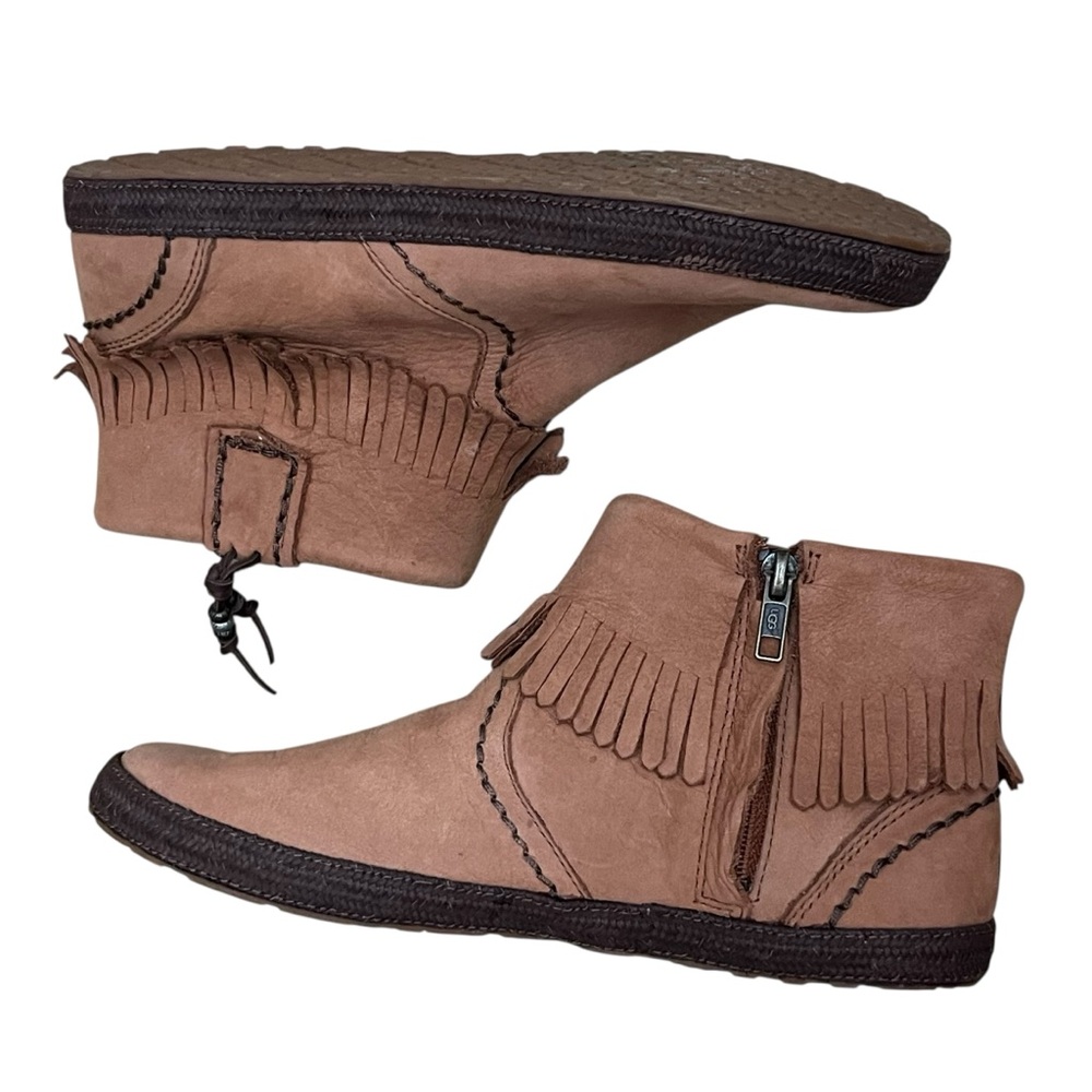 UGG Tiana Fringe Ankle Booties Brown Leather Side Zip Sz 7.5 - Picture 4 of 11